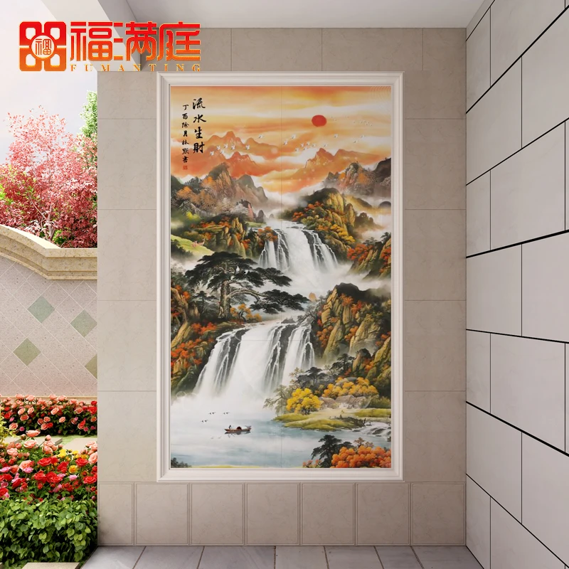 中式农村瓷砖背景别墅玄关定制山水画迎客松3D高清壁画背景墙拼接