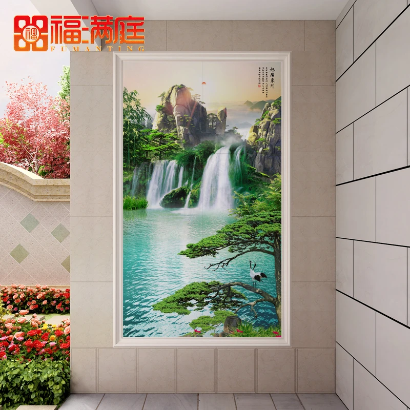 农村瓷砖背景别墅玄关定制山水画迎客松3D高清平面岩板画中式壁画
