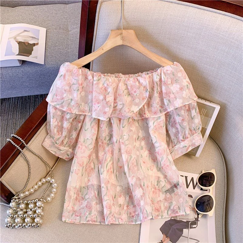 2025年一字领露肩小心机碎花小清新雪纺衬衫女夏季荷叶边超仙上衣