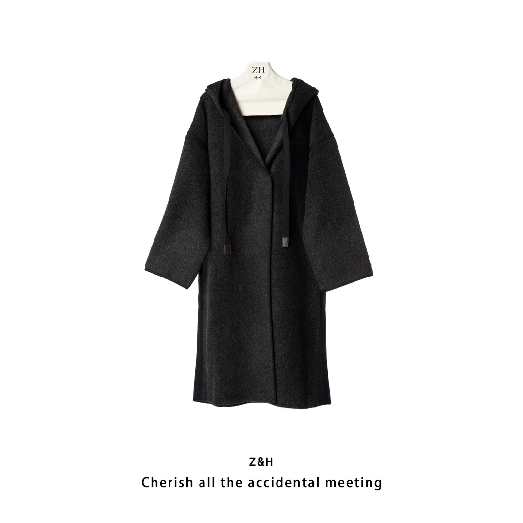 ZH【巴黎周刊】连帽中长款休闲复古韩系毛呢外套