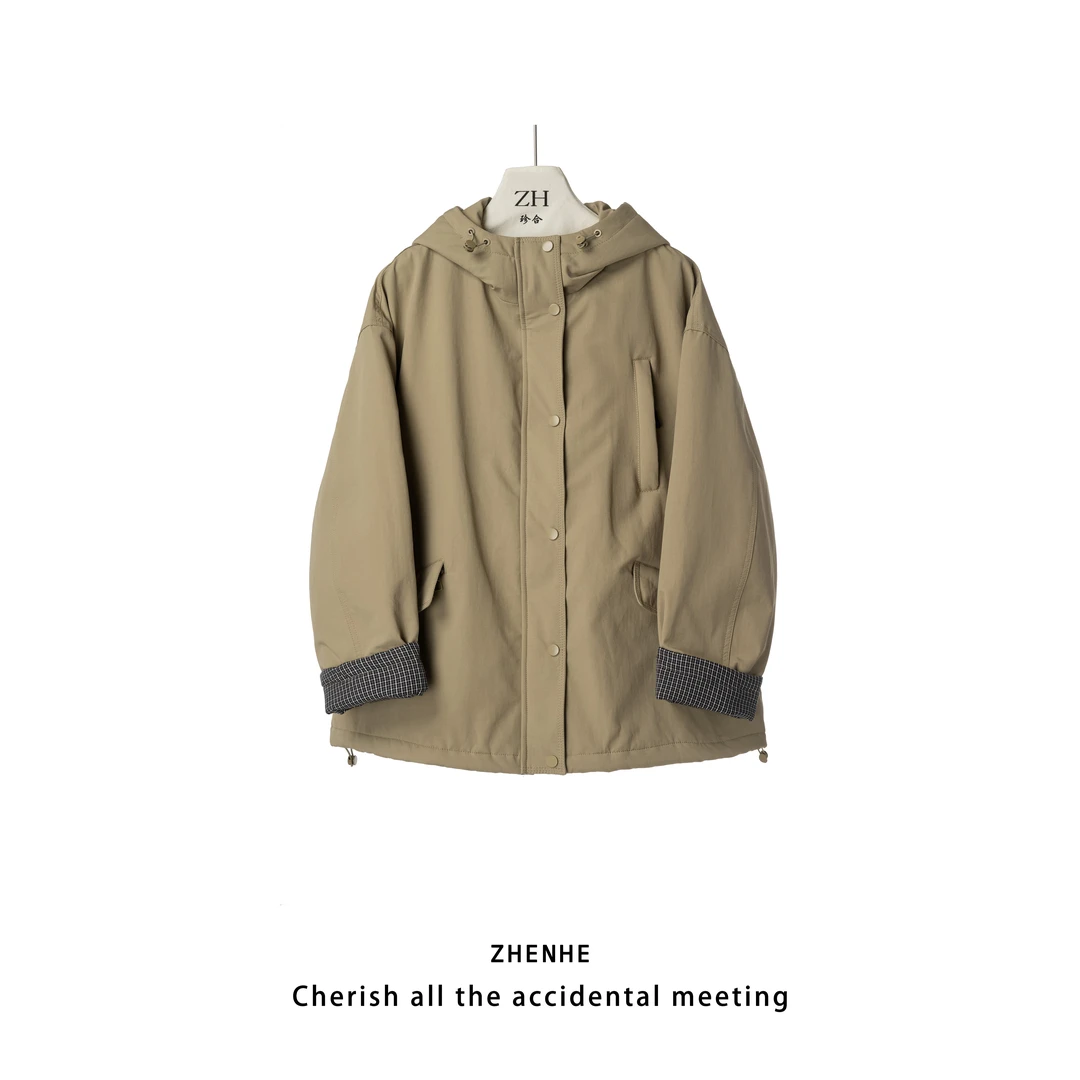 ZH【温莎往事】格子翻袖连帽女冬季加厚休闲保暖外套