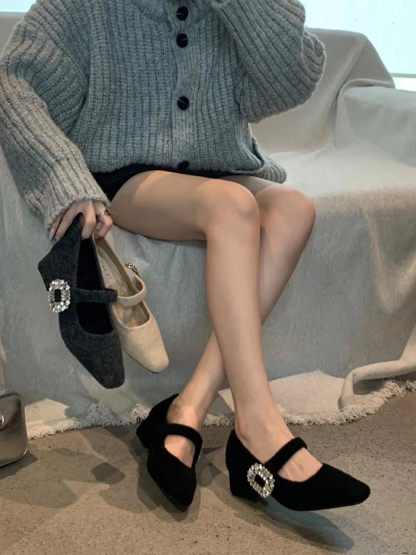 法式高跟玛丽珍轻奢毛毛鞋女鞋子冬季配裙子晚晚鞋加绒水钻单鞋女