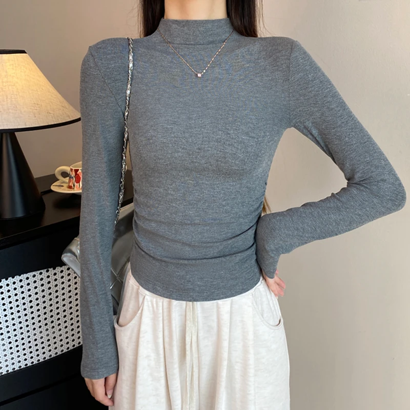 螺纹半高领打底衫女秋冬内搭长袖t恤修身收腰打底衫褶皱显瘦上衣
