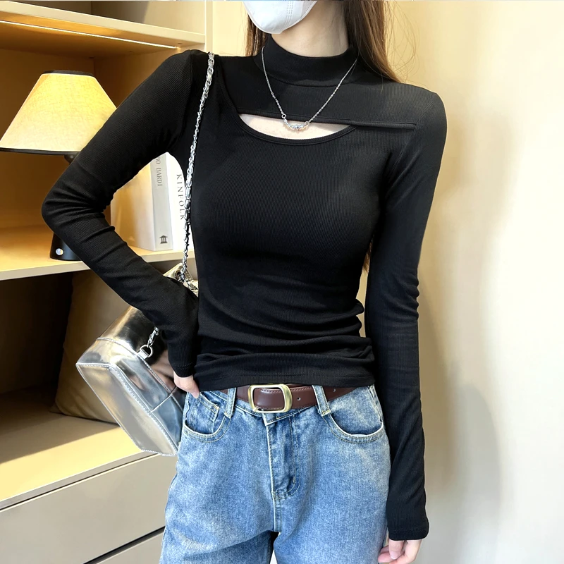 黑色螺纹半高领镂空设计感修身长袖打底衫女2023秋冬内搭上衣洋气