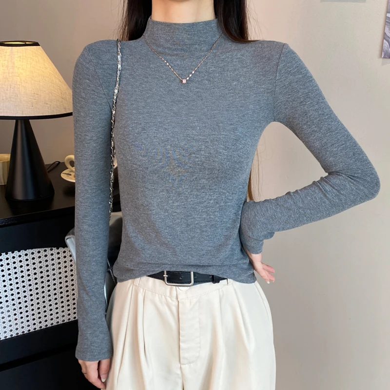 螺纹针织半高领长袖打底衫女秋冬洋气内搭t恤修身显瘦百搭上衣潮