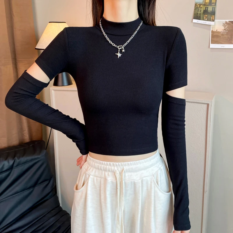 针织黑色半高领打底衫女春秋内搭修身显瘦上衣短款设计感长袖t恤