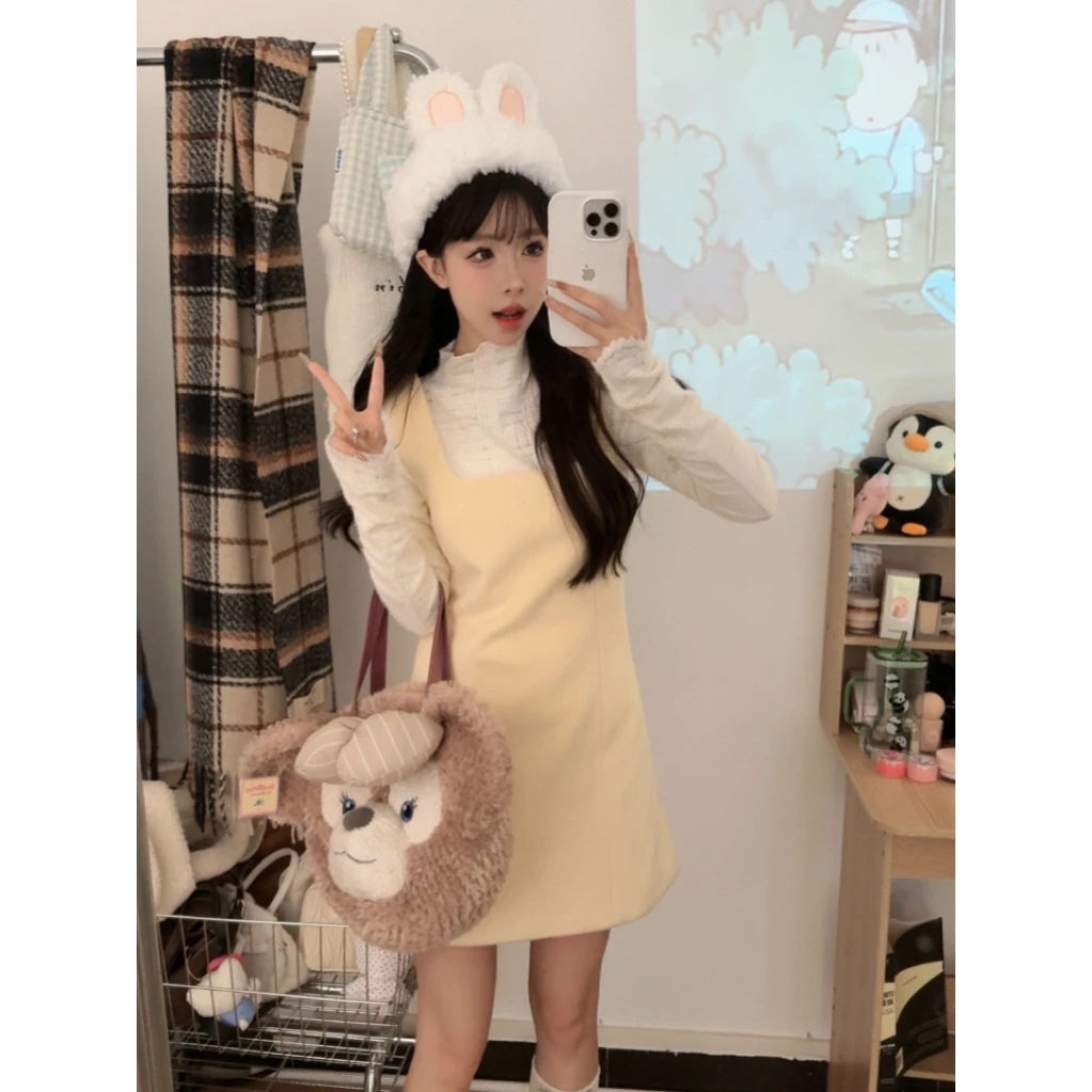 【半熟芝士】毛绒连衣裙蕾丝绒杏色内搭学院风套装甜美可爱2023冬春