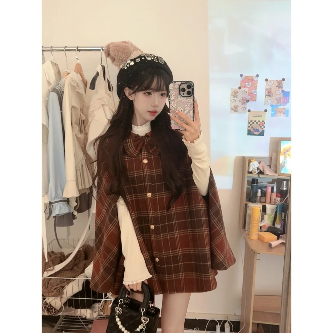 【圣诞颂歌】秋冬千金风甜美格纹斗篷外套 极光原创学院风