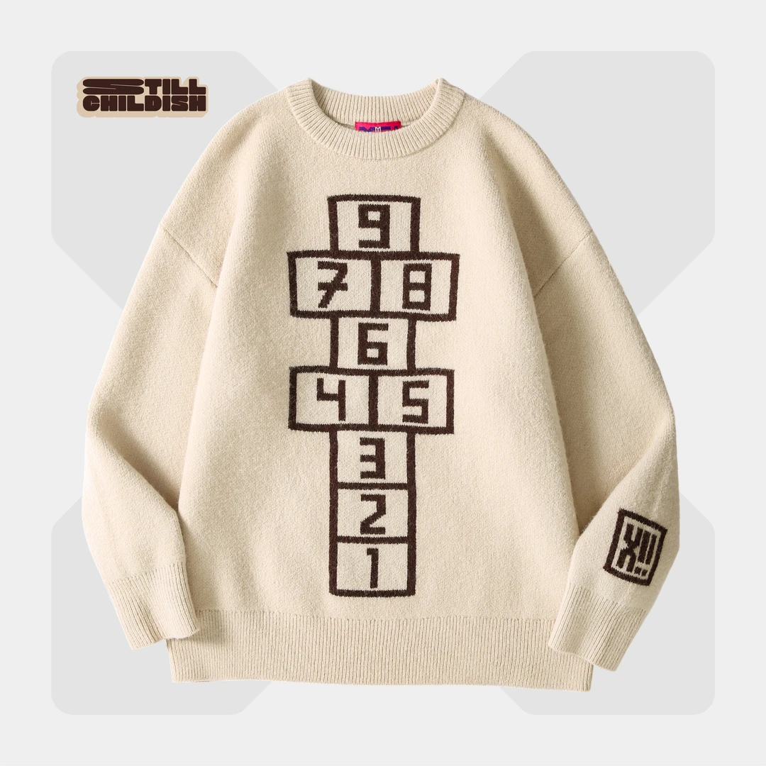 Xoutfit[未幼稚完系列]跳房子潮牌休闲圆领毛衣情侣男女同款慵懒