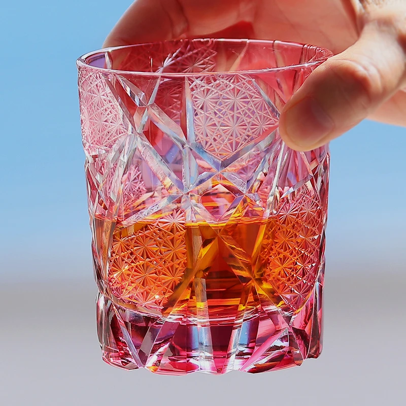 金致粉色金红闪电日式江户切子手工雕刻威士忌水晶玻璃酒杯送礼物