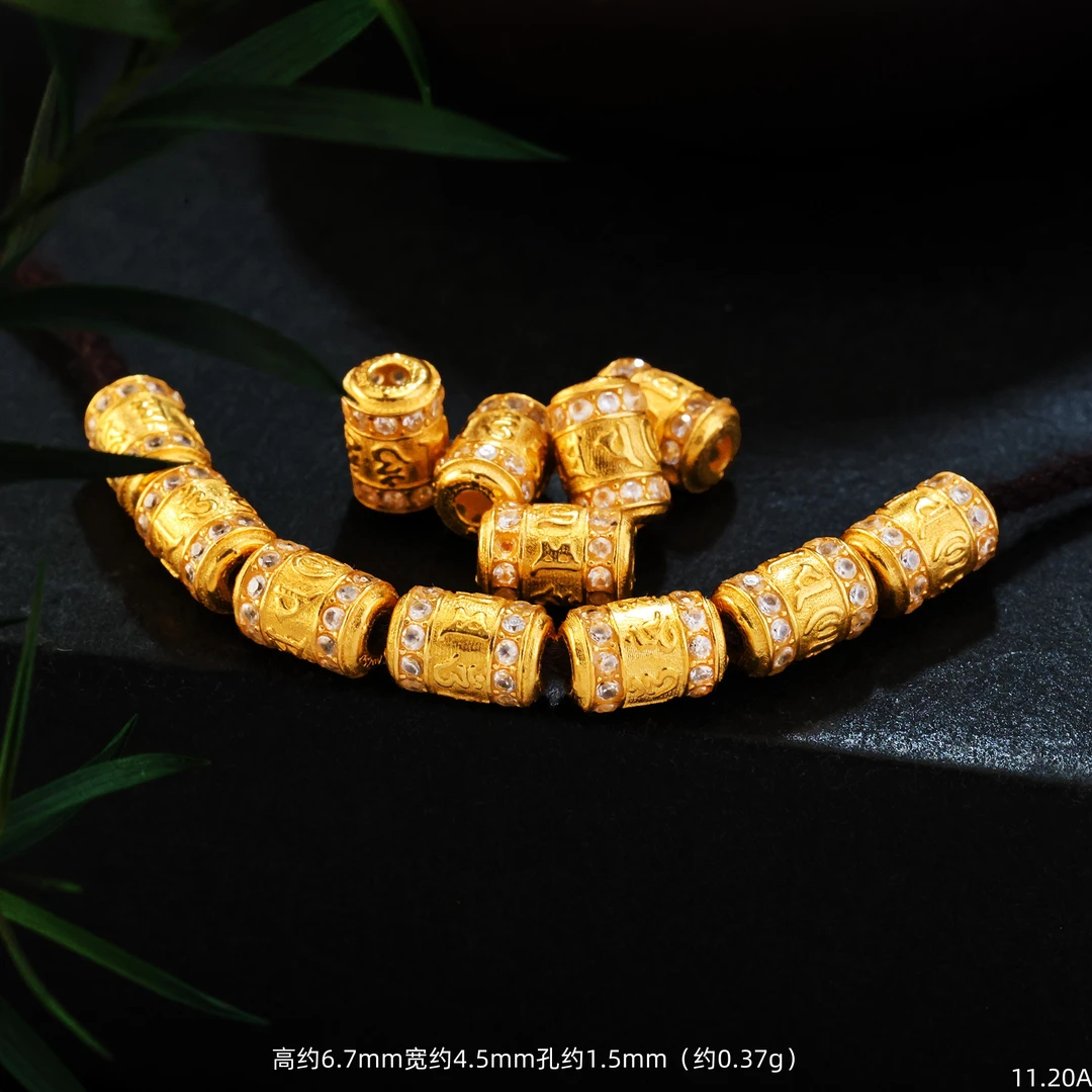 【金豆珠宝】18K实心金豪镶六字真言桶珠管珠隔珠手串项链DIY配件A