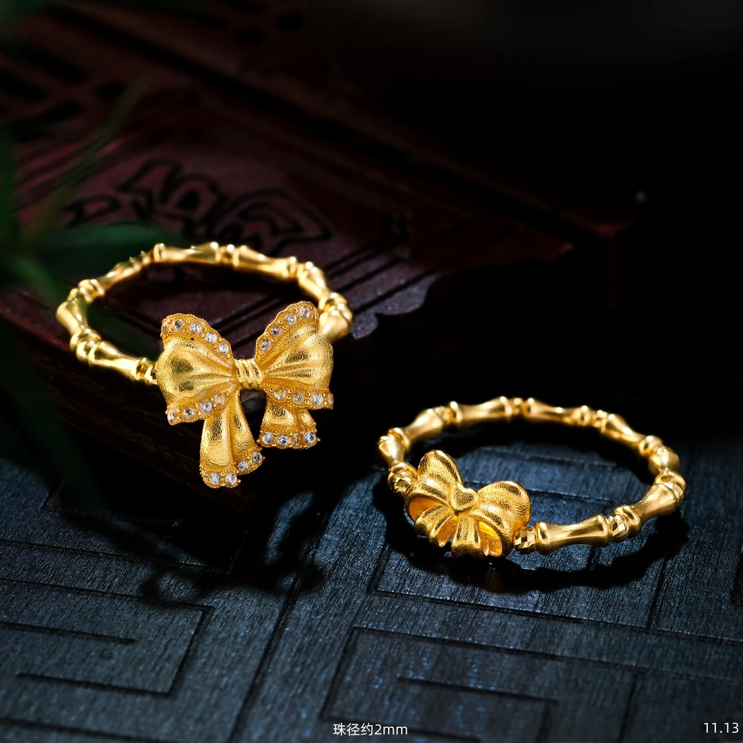 【金豆原创】18K金在逃公主蝴蝶结戒指戒圈小骨头节节高升D