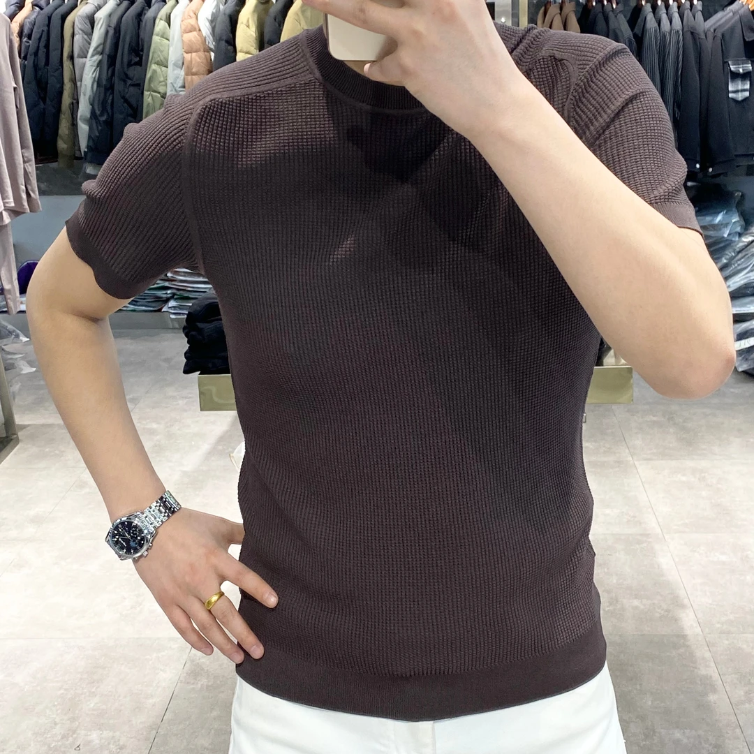 2025夏季新款高品质针织男士纯色轻奢简约百搭款菠萝纹圆领短袖