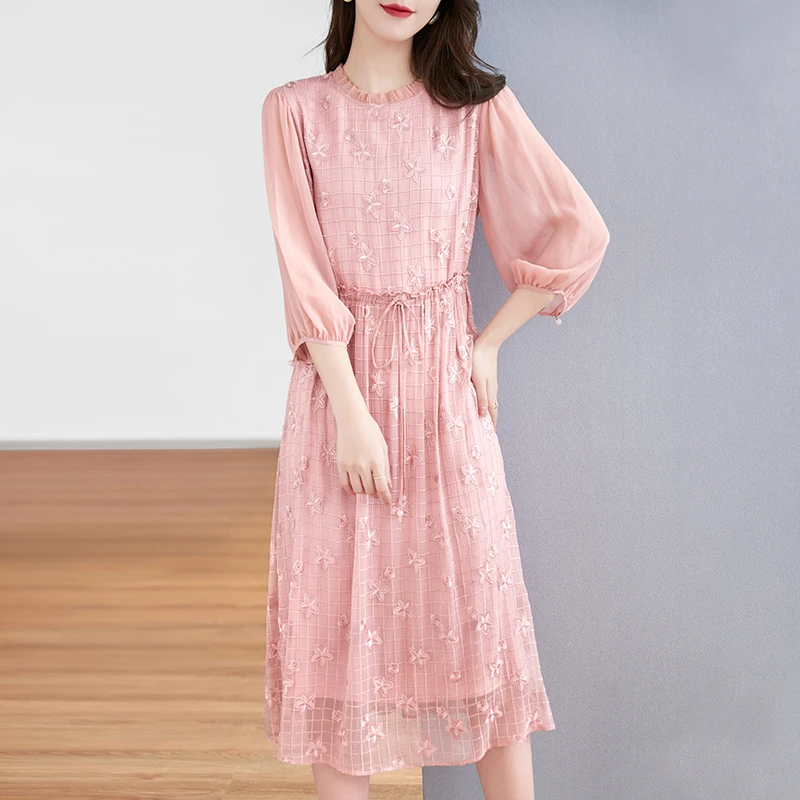 【杭州美田】100%桑蚕丝真丝夏季时尚收腰显瘦刺绣连衣裙82399595