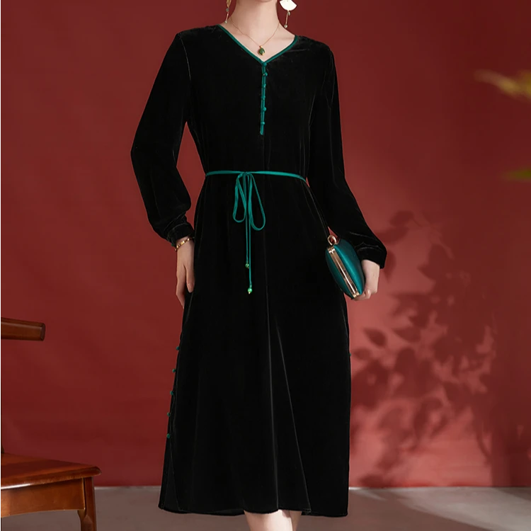 【繁花似锦】水墨佳人2024新款长袖中式桑蚕丝丝绒连衣裙82497998