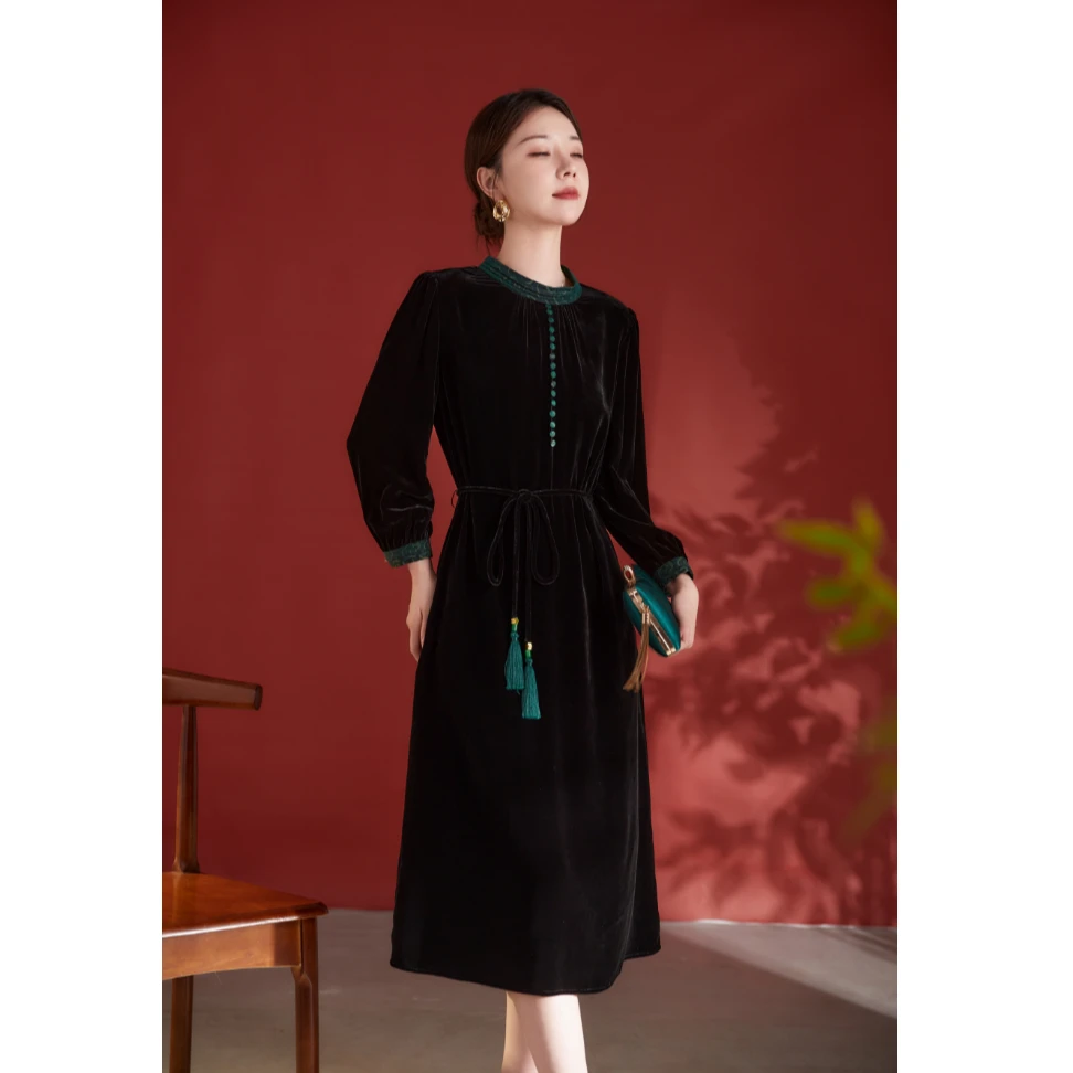 【杭州大唐真丝】2024新款秋冬桑蚕丝丝绒连衣裙82498552长袖轻奢