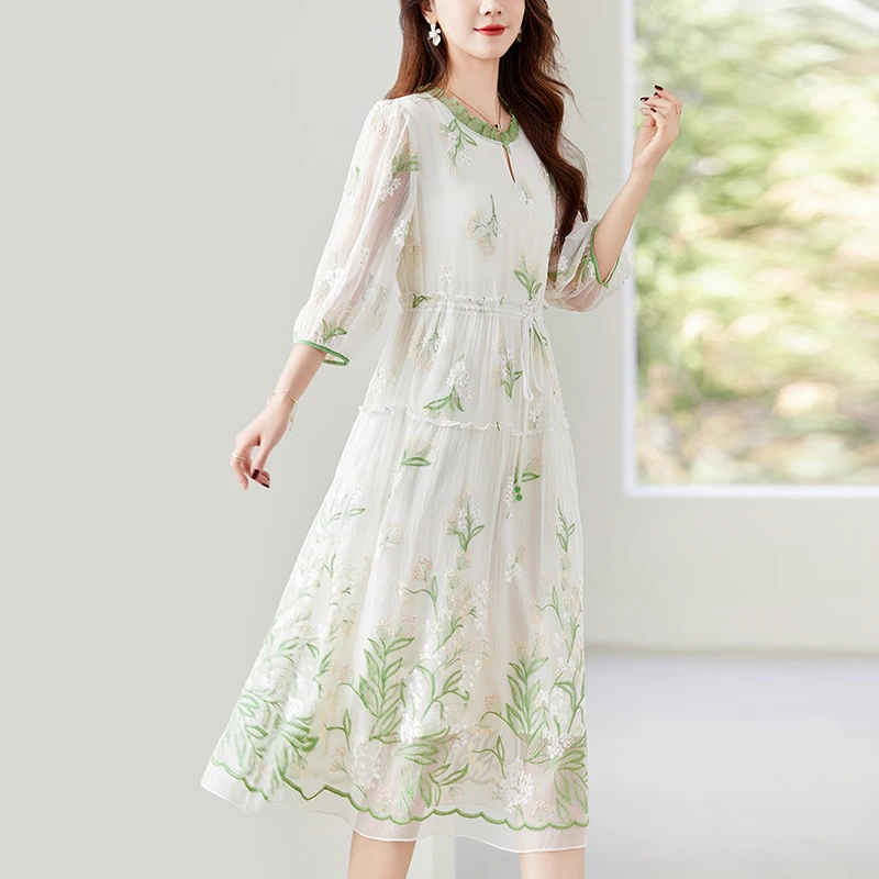 【杭州大唐】100%桑蚕丝真丝夏季中长款刺绣连衣裙82496812