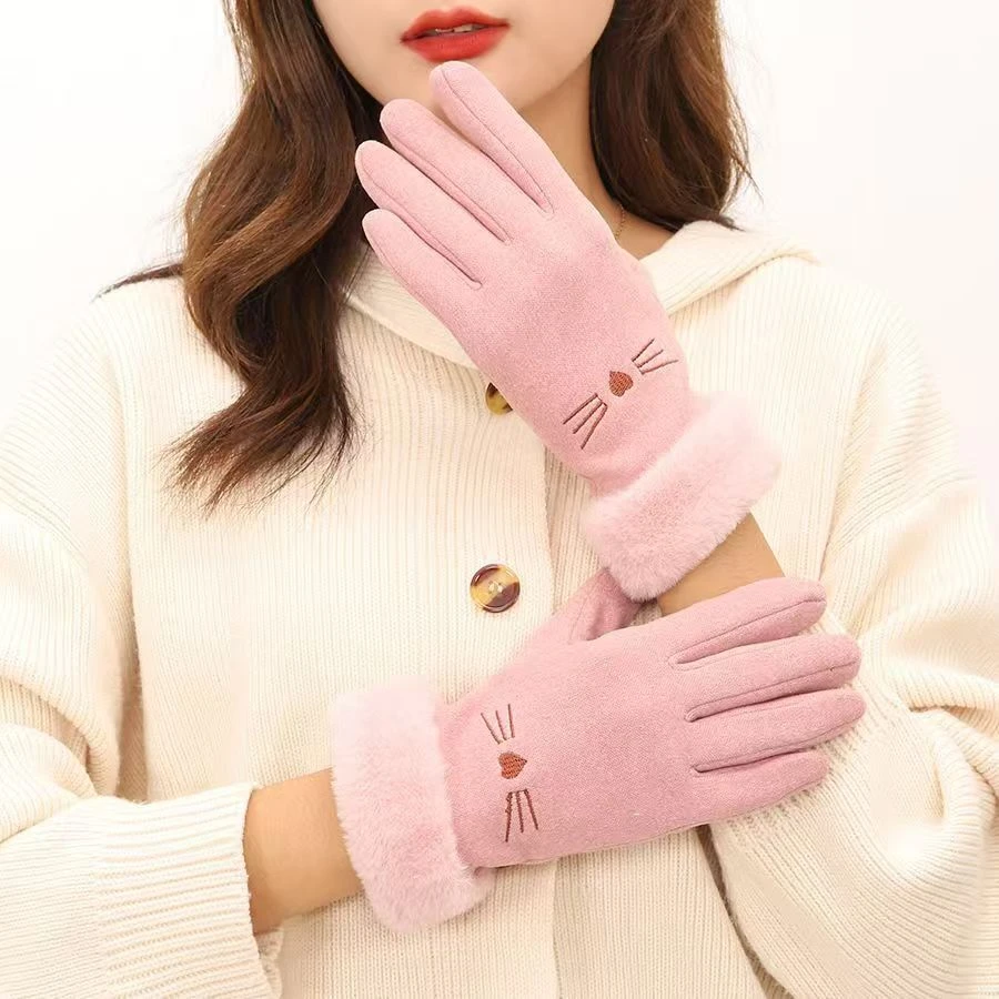 新款冬季加绒分指手套手机触屏可爱毛口加厚保暖骑车防风女士护手