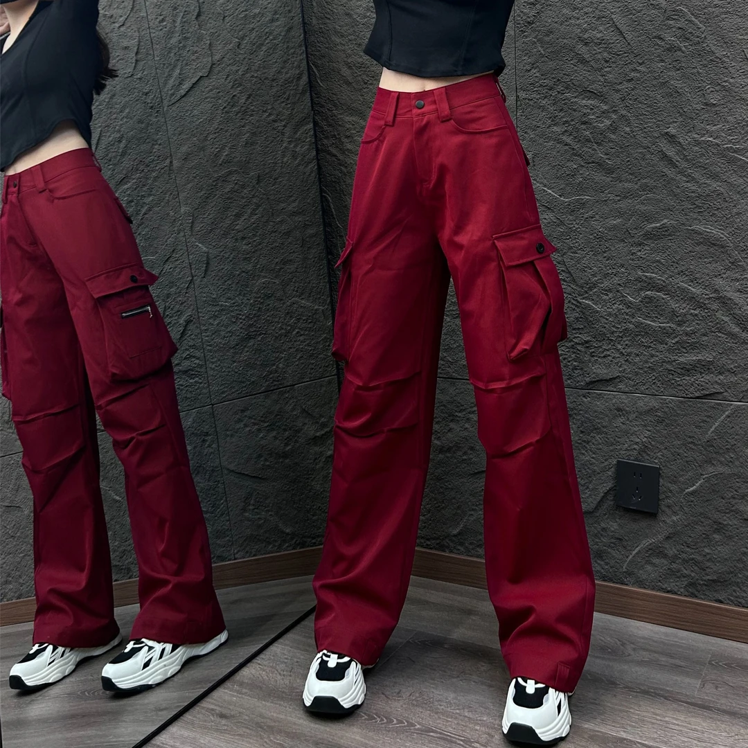 秋冬新款辣妹安可拉红工装裤美式高腰休闲宽松显瘦高腰工装裤