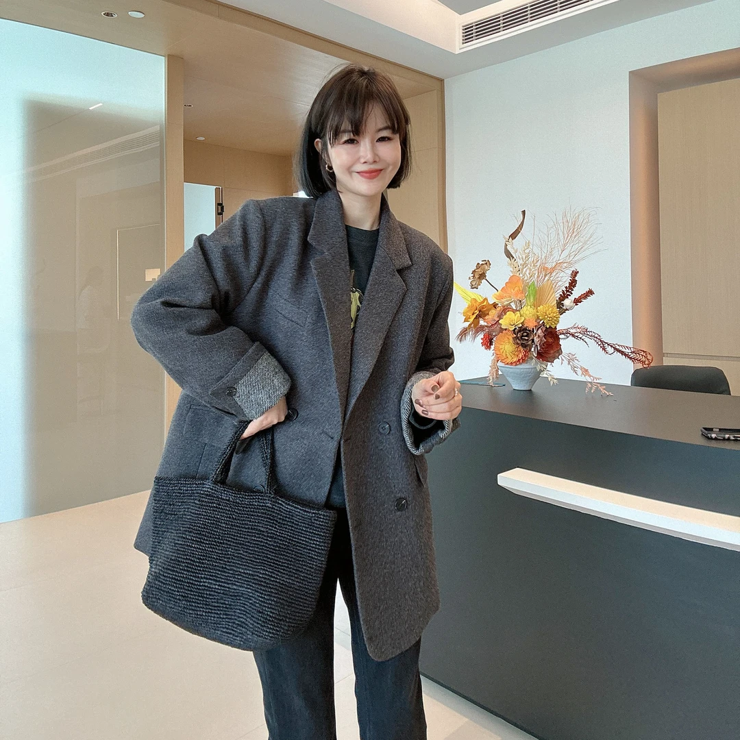 冬季中长款内胆羽绒高级设计感毛呢西装外套