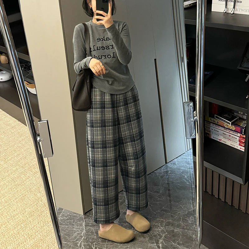 秋冬高级感加绒加厚复古格子松紧腰高腰休闲裤九分裤