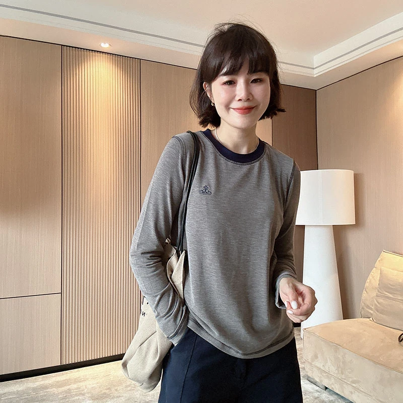 复古刺绣明线撞色时尚内搭长袖T恤打底衫