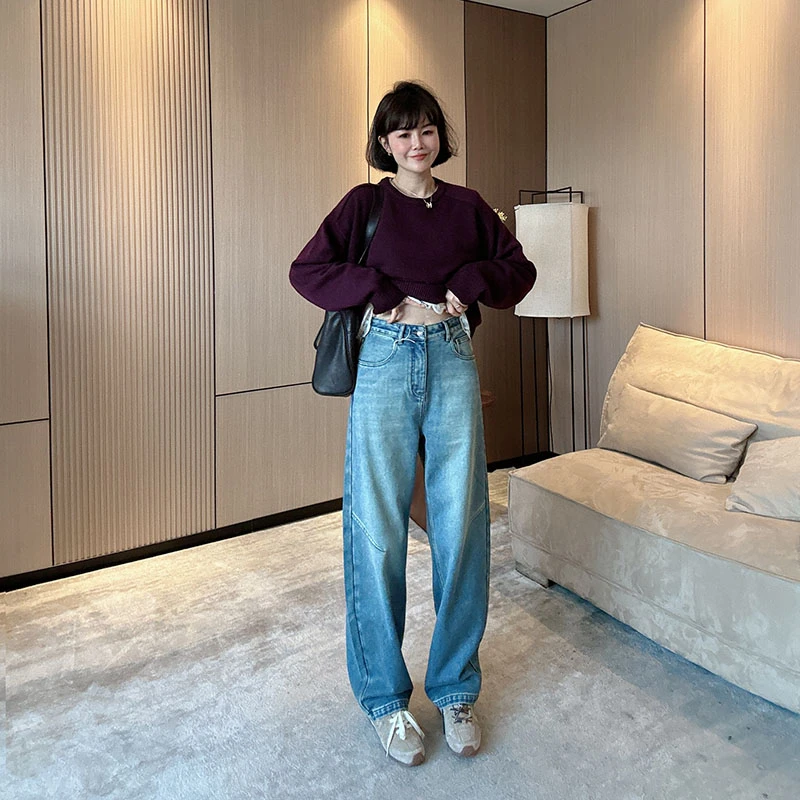 秋冬加厚植绒高腰窄版阔腿裤显瘦弯刀拖地牛仔裤