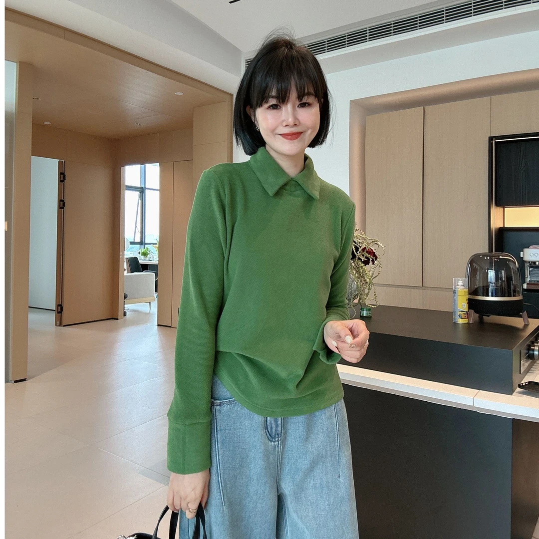 纯色双面德绒保暖简约POLO领百搭加厚内搭T恤打底衫