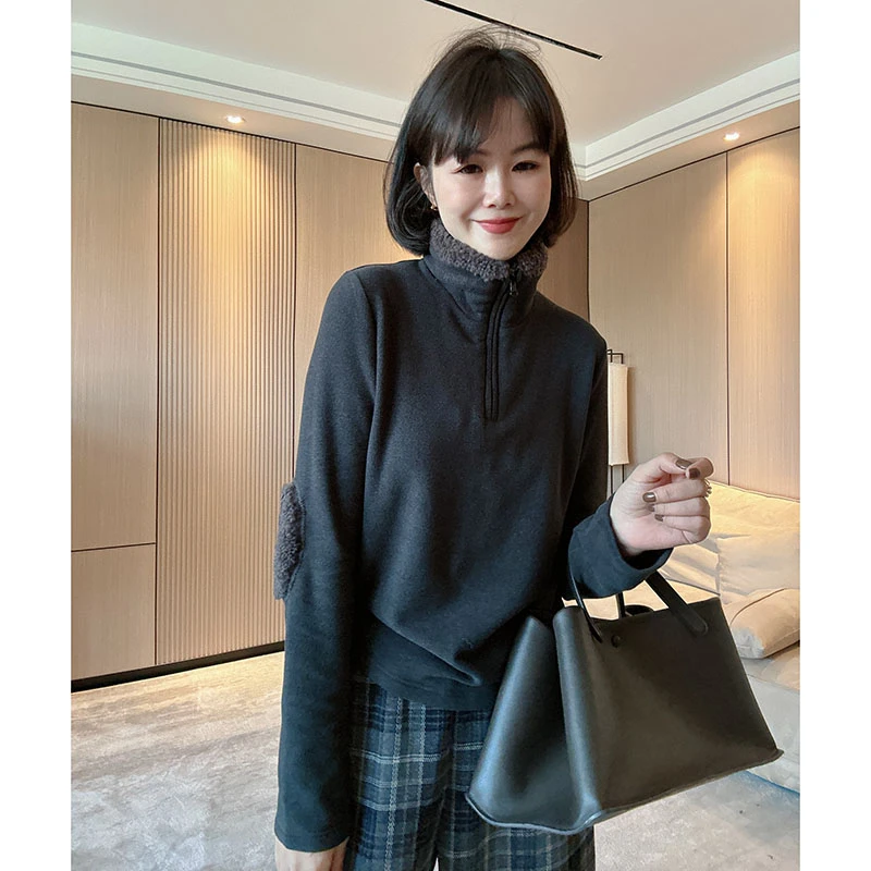 冬季宽松高龄洋气百搭纯色加厚加绒套头半拉链立领卫衣