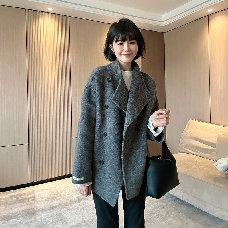 冬季双面呢绵羊毛洋气时尚宽松呢子大衣加厚外套