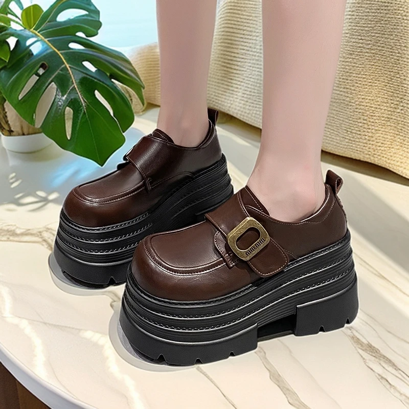 10cm厚底英伦风小皮鞋女2025新款秋冬季小个子百搭复古增高乐福鞋