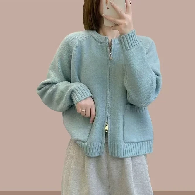 2024秋冬新款大口袋针织衫小香风双拉链宽松休闲纯色韩版长袖上衣