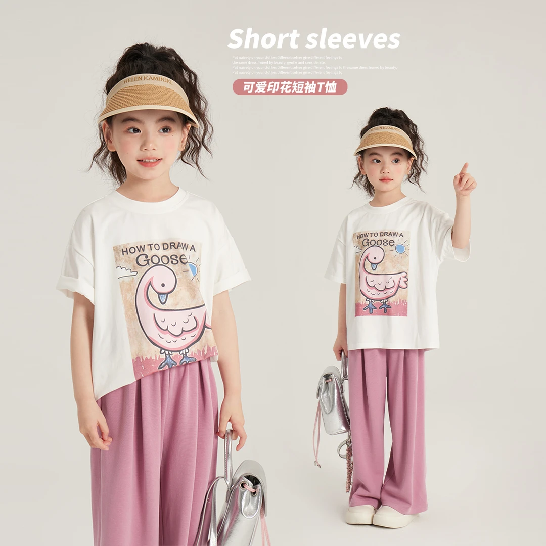 布丁哈鲁【粉天鹅】2024女童夏季圆领小鸭印花T恤G41TJ289