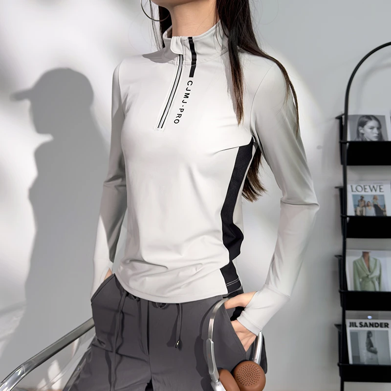 健身女孩撞色户外运动上衣春秋款透气跑步训练跳绳弹力修身健身衣