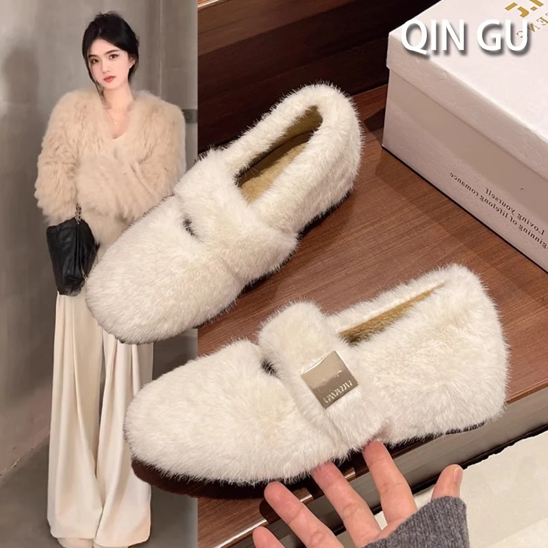 法式绝美毛毛鞋女外穿2024新款秋冬季内增高加绒豆豆鞋厚底棉单鞋