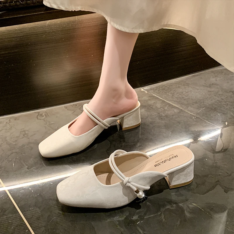 新中式包头半拖鞋女外穿夏季2024新款国风凉拖配裙子粗跟高跟凉鞋