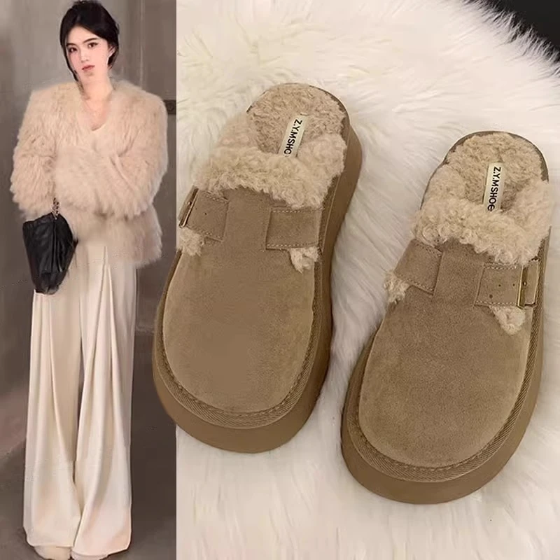 厚底包头半拖鞋女外穿2025新款秋冬羊羔加绒保暖毛毛勃肯鞋子棉拖