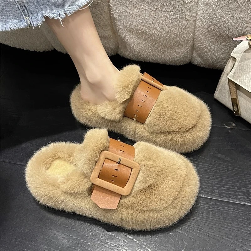 网红包头半拖鞋女外穿2025年秋冬新款高级感松糕毛毛鞋厚底棉拖鞋