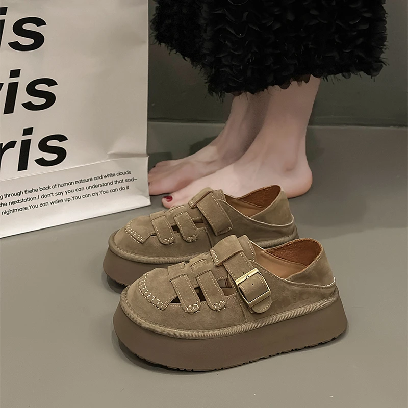 2024夏季新款两穿厚底女鞋编织包头猪笼鞋镂空洞洞配裙子罗马凉鞋