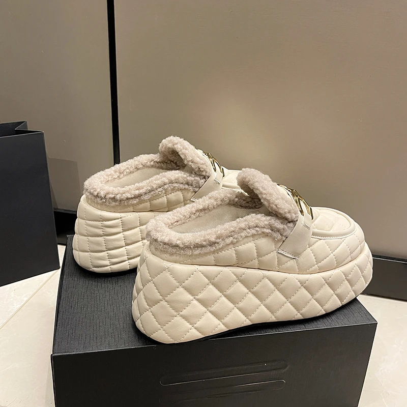 高级感加绒包头棉拖鞋女秋冬外穿2025新款坡跟厚底高跟增高毛毛拖