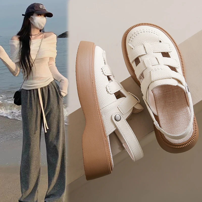 厚底罗马包头凉鞋女夏外穿2024新款森系编织镂空猪笼鞋两穿半拖鞋