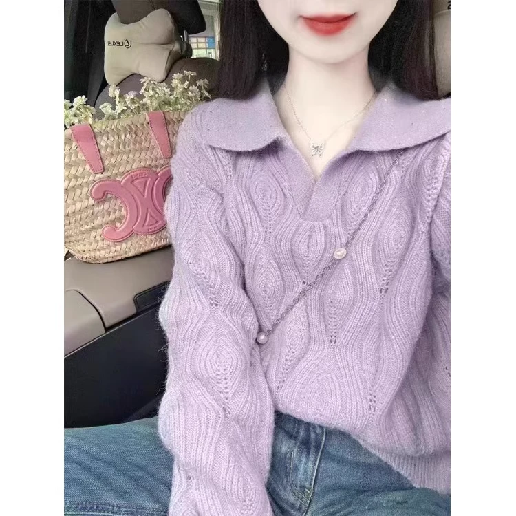 大码女装软糯宽松Polo领长袖上衣秋冬微胖正肩洋气紫色毛衣女冬季