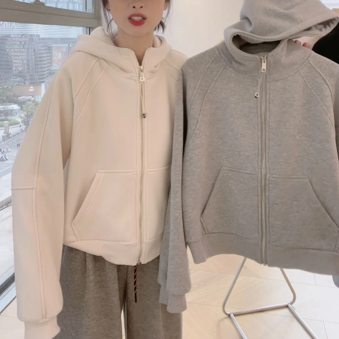 欧货加绒加厚连帽卫衣外套大码女装2024冬季立体剪裁显瘦宽松帽衫