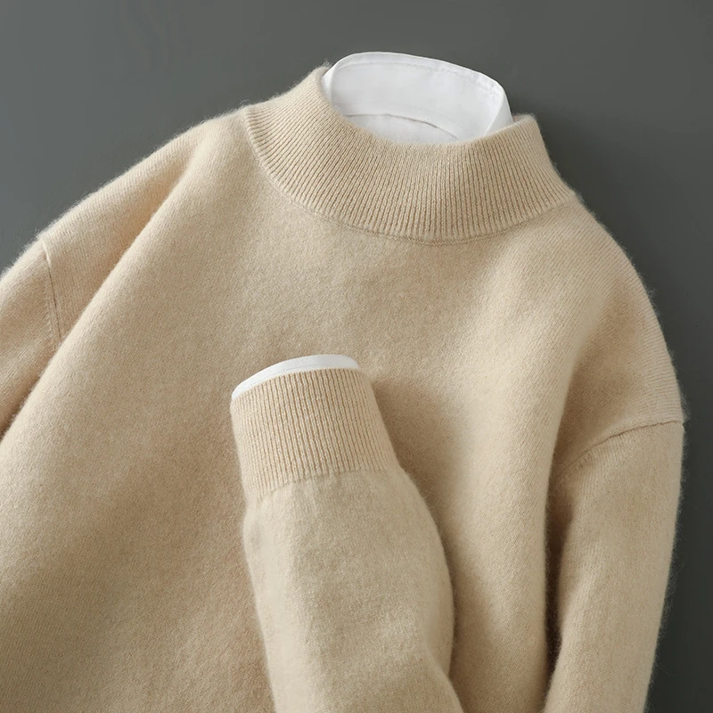 特价清版~秋冬男款双层半高领山羊绒衫套头针织百搭打底毛衣长袖