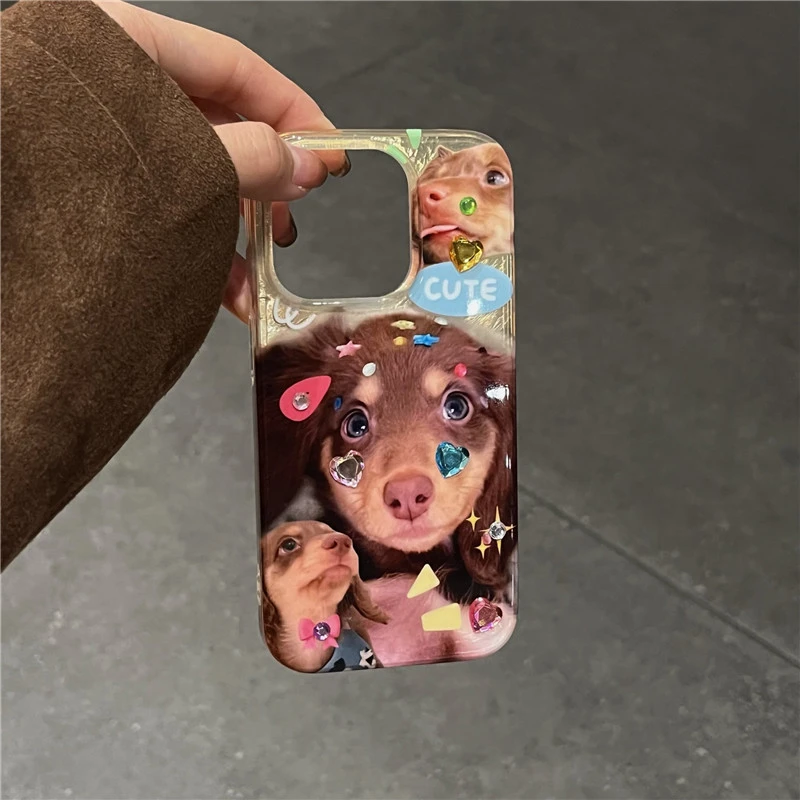 ins可爱甜美闪钻小狗适用苹果15手机壳iphone16promax全包14女13