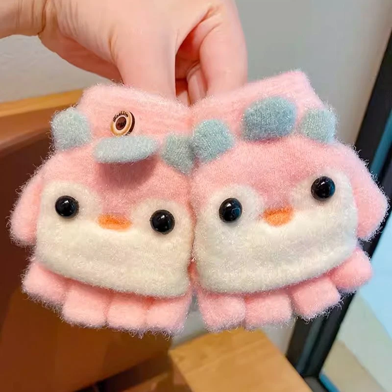 儿童可爱手套冬季保暖防寒宝宝半指翻盖学生写字漏指小女孩五指套