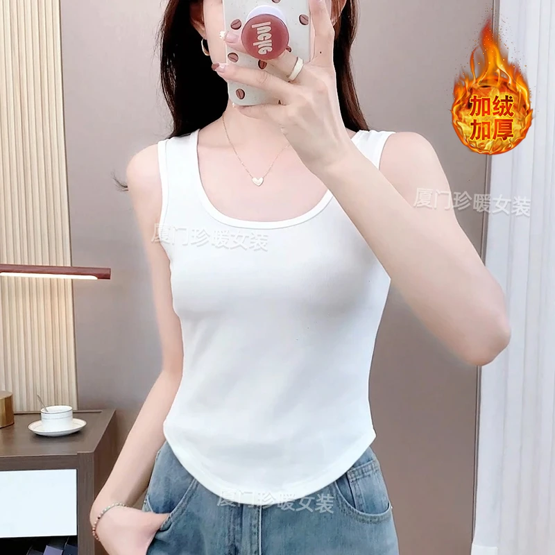 磨毛加绒女士吊带背心秋冬内搭弧形下摆保暖打底衫显瘦美背上衣