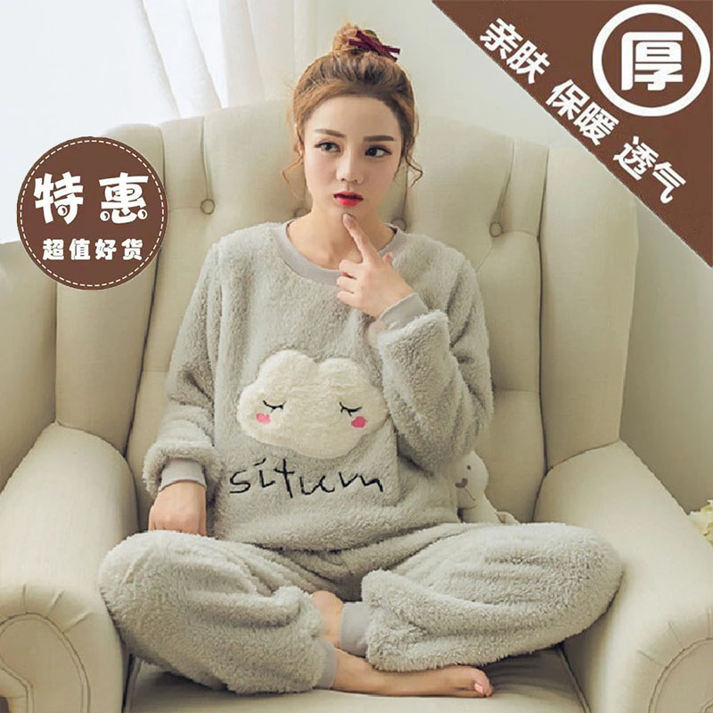 新款珊瑚绒睡衣女冬款加绒加厚保暖网红套装大码法兰绒毛绒家居服