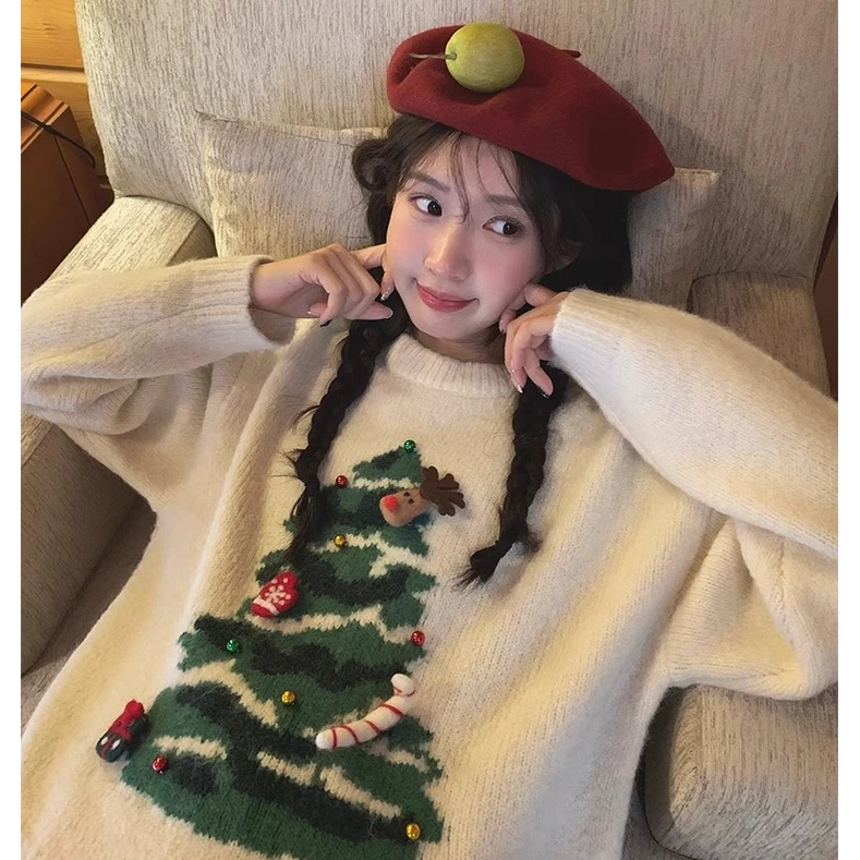 罐头士多所 设计感小众毛衣女2023冬季可脱卸立体玩偶圣诞树毛衣