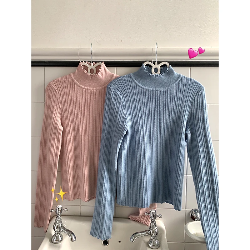 罐头士多所 内搭女2024早秋新款上衣纯色花边领坑条针织打底衫